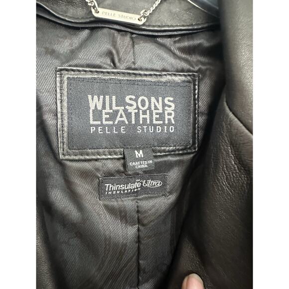 Wilsons Pelle Studio Women M Trench Coat Leather Lined Belted Button Black 90s - Picture 7 of 15